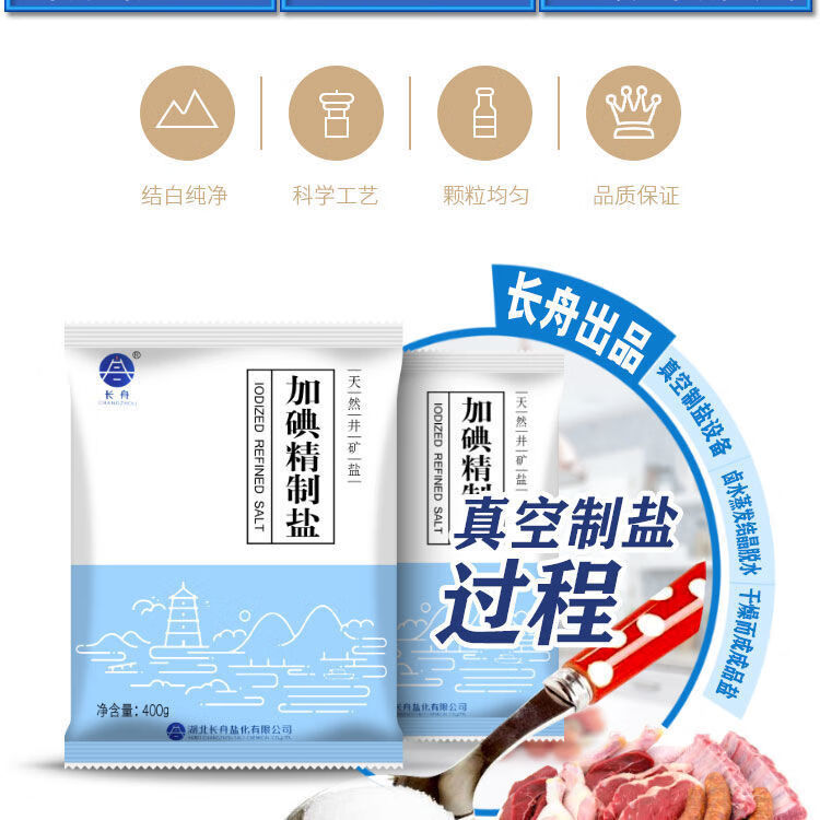盐批发长舟牌细盐加碘不加碘精制盐食用盐整箱批发家用400g1袋未加碘