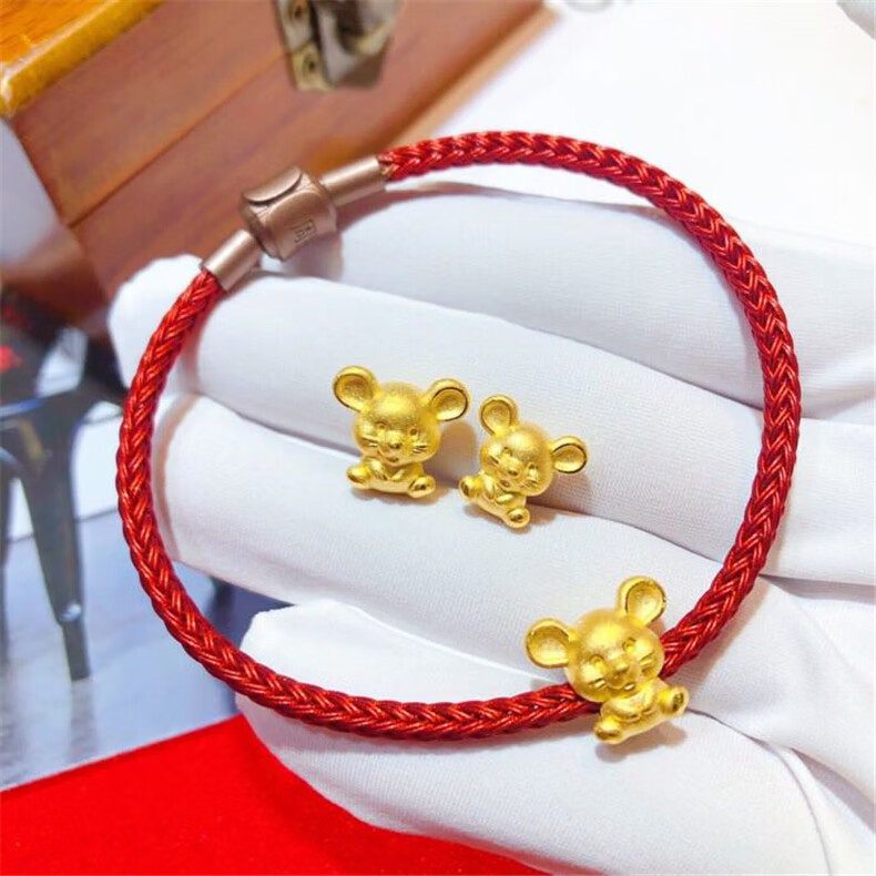 999足金老鼠手链女3d硬金十二生肖鼠手绳金鼠小老鼠皮绳情侣款如需换