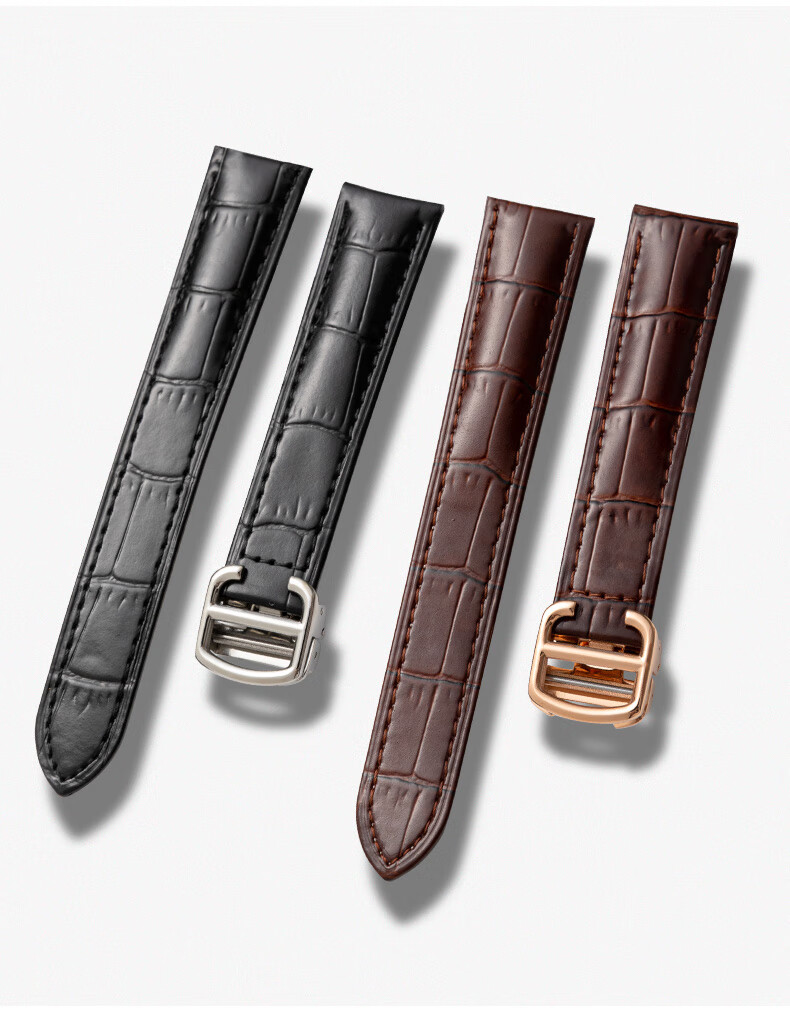 卡地亚表带真皮男代用伦敦solo山度士折叠扣卡地亚坦克表带黑色真皮金