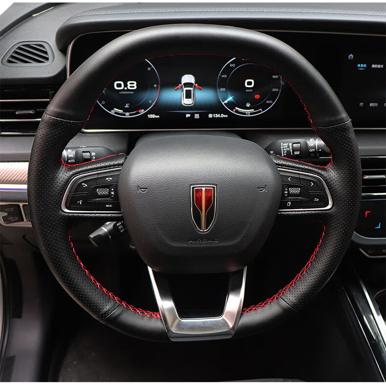 红旗hs5手缝方向盘套专用红旗hs7翻毛皮方向盘套把套改装装饰 hs7方向