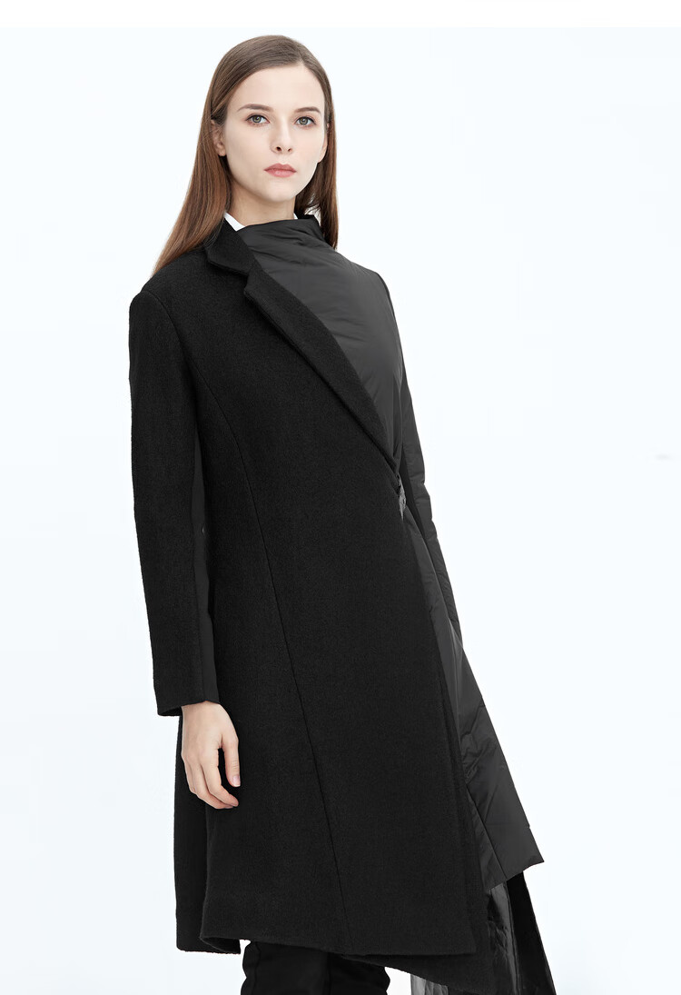 圣迪奥冬季保暖舒适女装通勤纯色宽松立领涤纶设计感不规则领拼接大衣