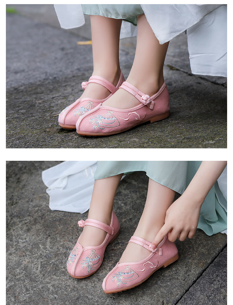 鞋子汉服女童民族风绣花鞋中国风复古牛筋底公主鞋儿童舞蹈鞋灰色27码
