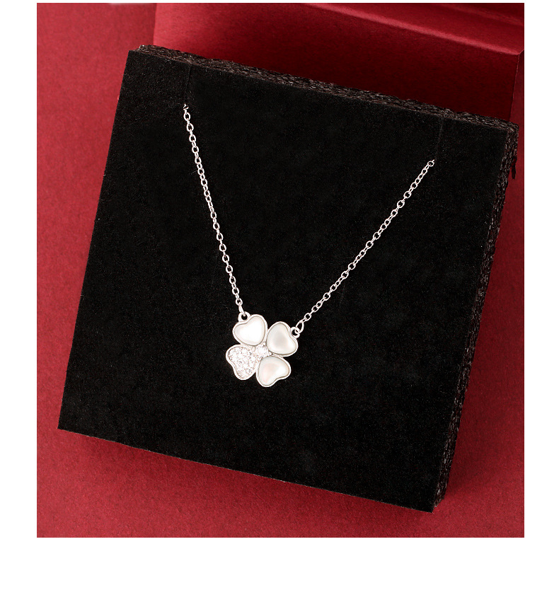 梦动s925纯银镶钻四叶草项链女 欧美时尚白贝母锁骨链简约 银色【925