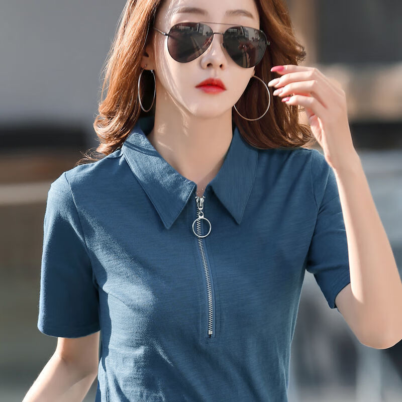 半袖女装半截袖女 有领t恤女短袖棉宽松翻领polo衫2021夏季新款竹节棉