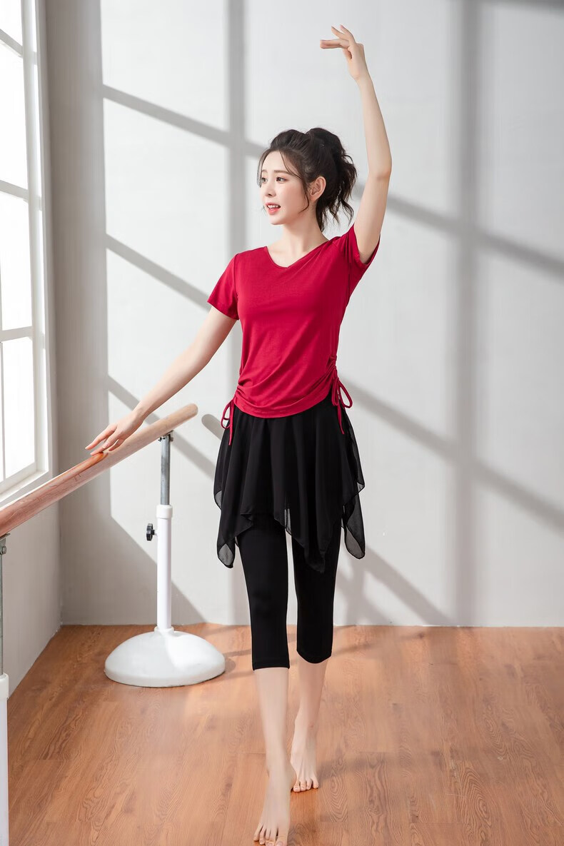 舞蹈练功服套装黑色纯棉莫代尔中袖广场舞上衣形体训练服瑜伽服装