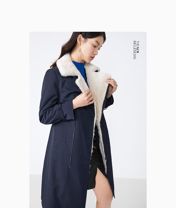 影儿yiner音儿女装2021冬季新款西装领中长款皮草外套藏蓝44
