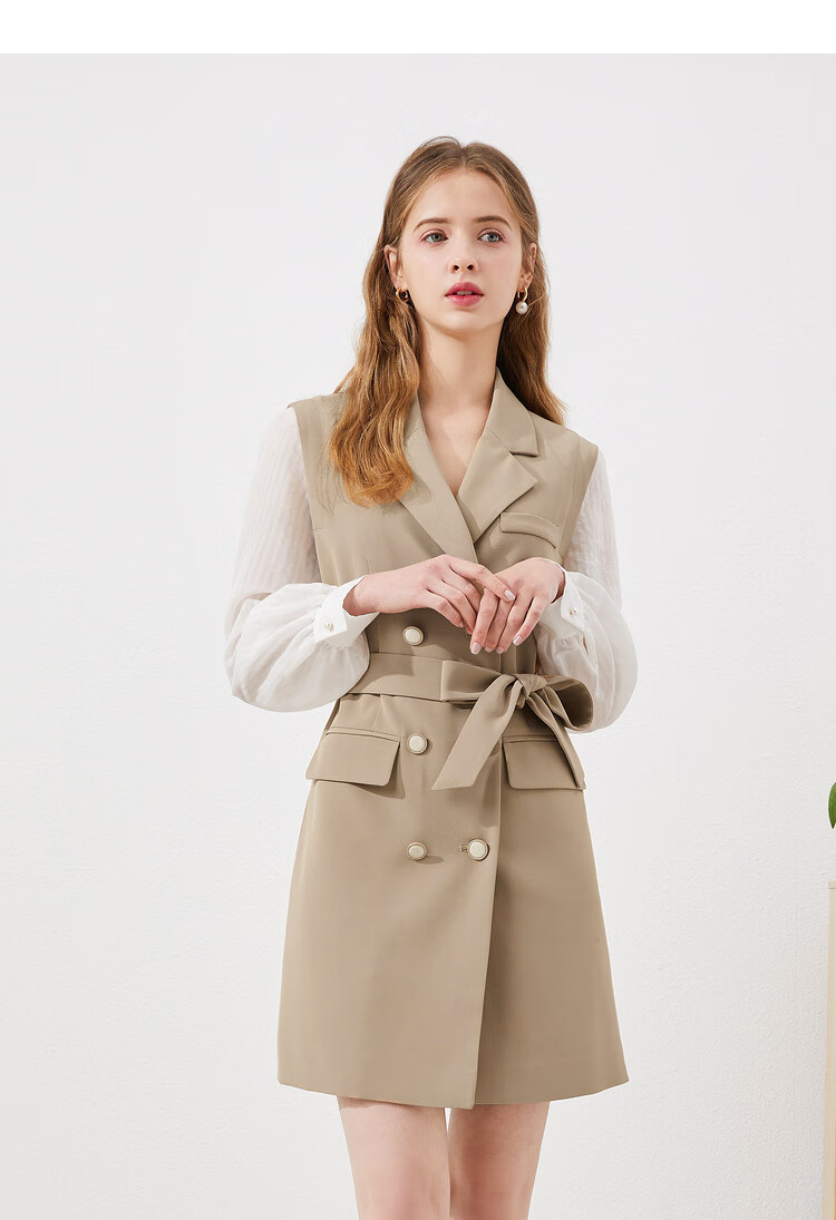 秋水伊人2021年春装新款女装知性优雅撞色拼接中长款直筒连衣裙女