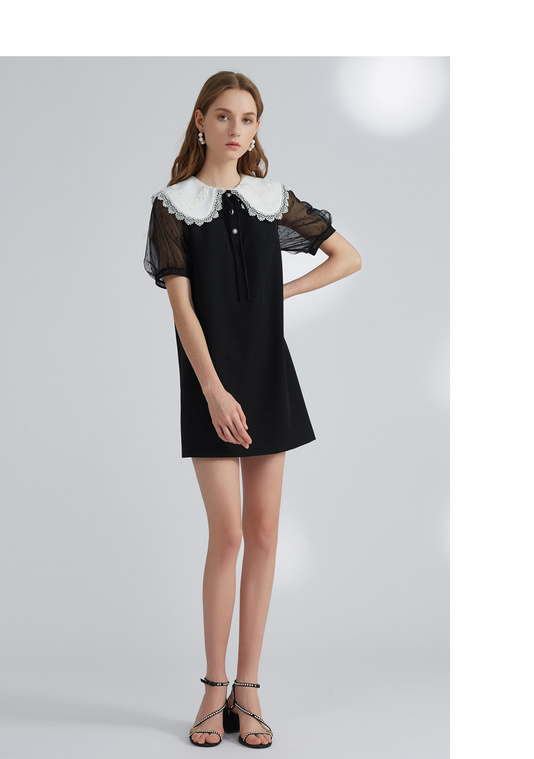 卓雅周末21夏季新款复古蕾丝海军领泡泡袖学院风连衣裙ejwabb32 黑白