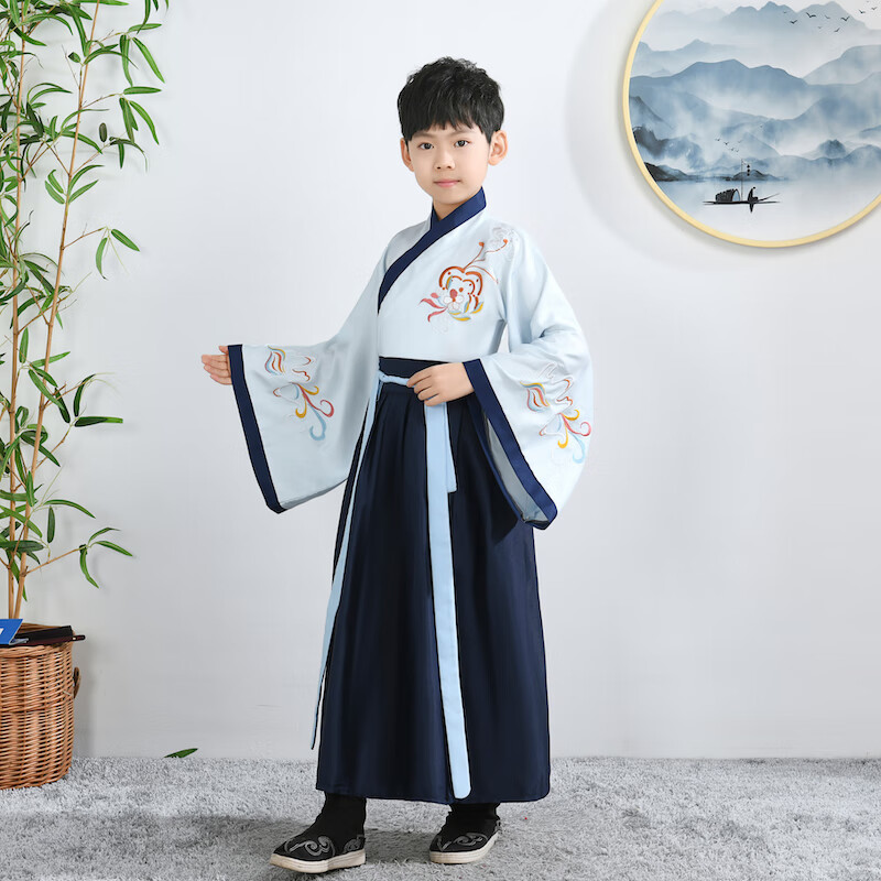儿童古装汉服男童男孩唐朝宋朝古代诗人古诗朗诵表演出服装白色红色