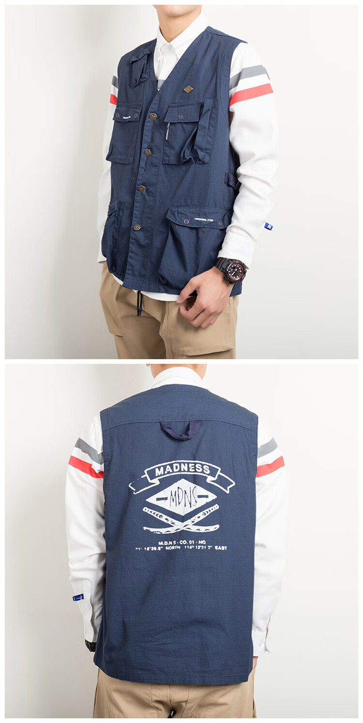 madness潮牌余文乐mdns同款多口袋工装马甲日系复古机车军事风无袖薄