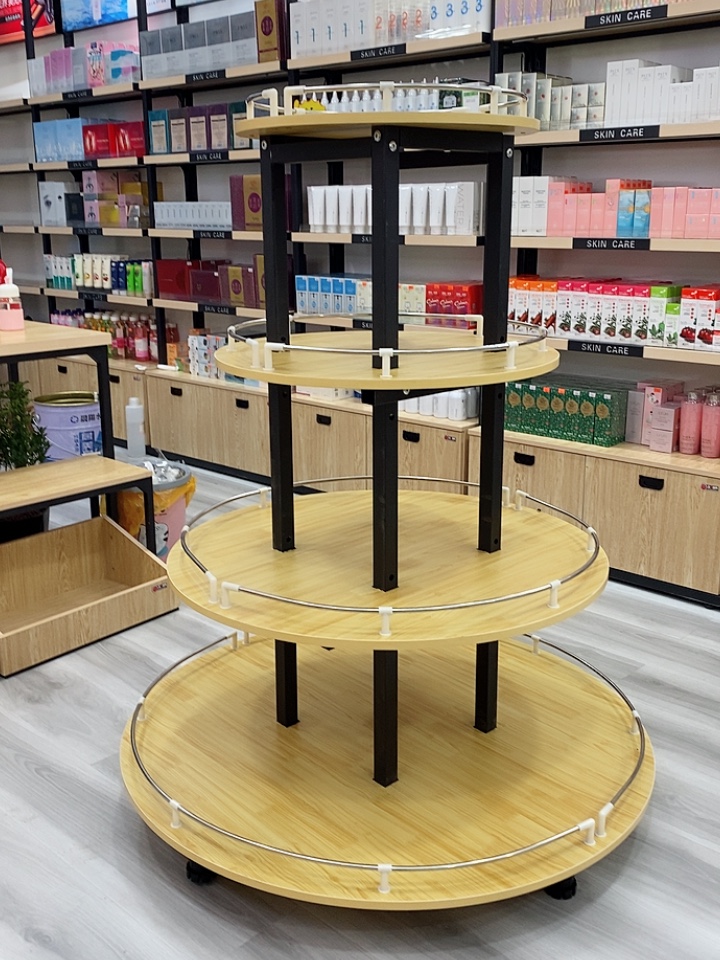 木质超市堆头便利店产品展示柜陈列柜钢木结构药店货架中岛柜货柜圆形