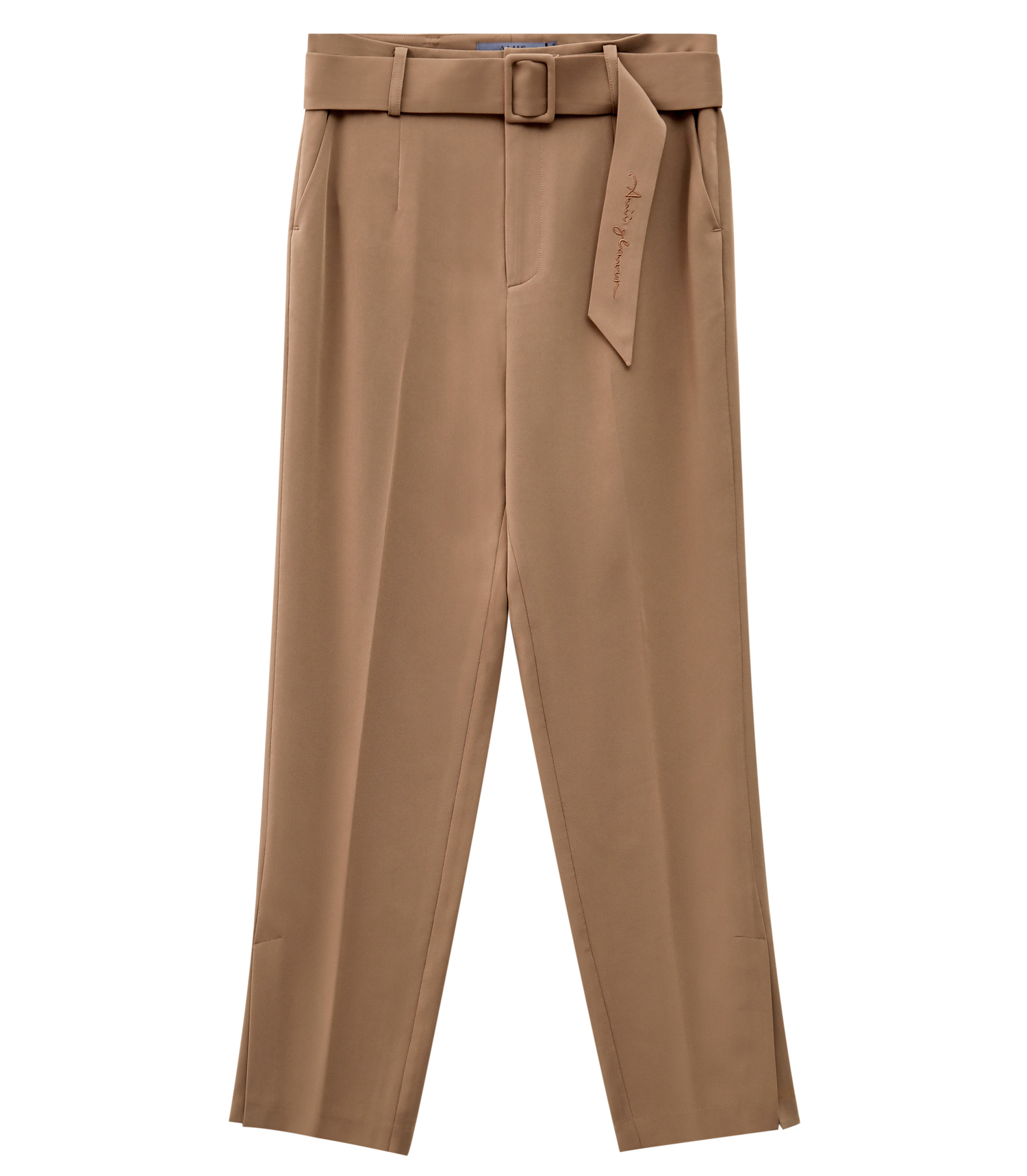 amii极简通勤休闲九分裤2021秋新款配腰带绣花直筒纯色裤子女 黑色