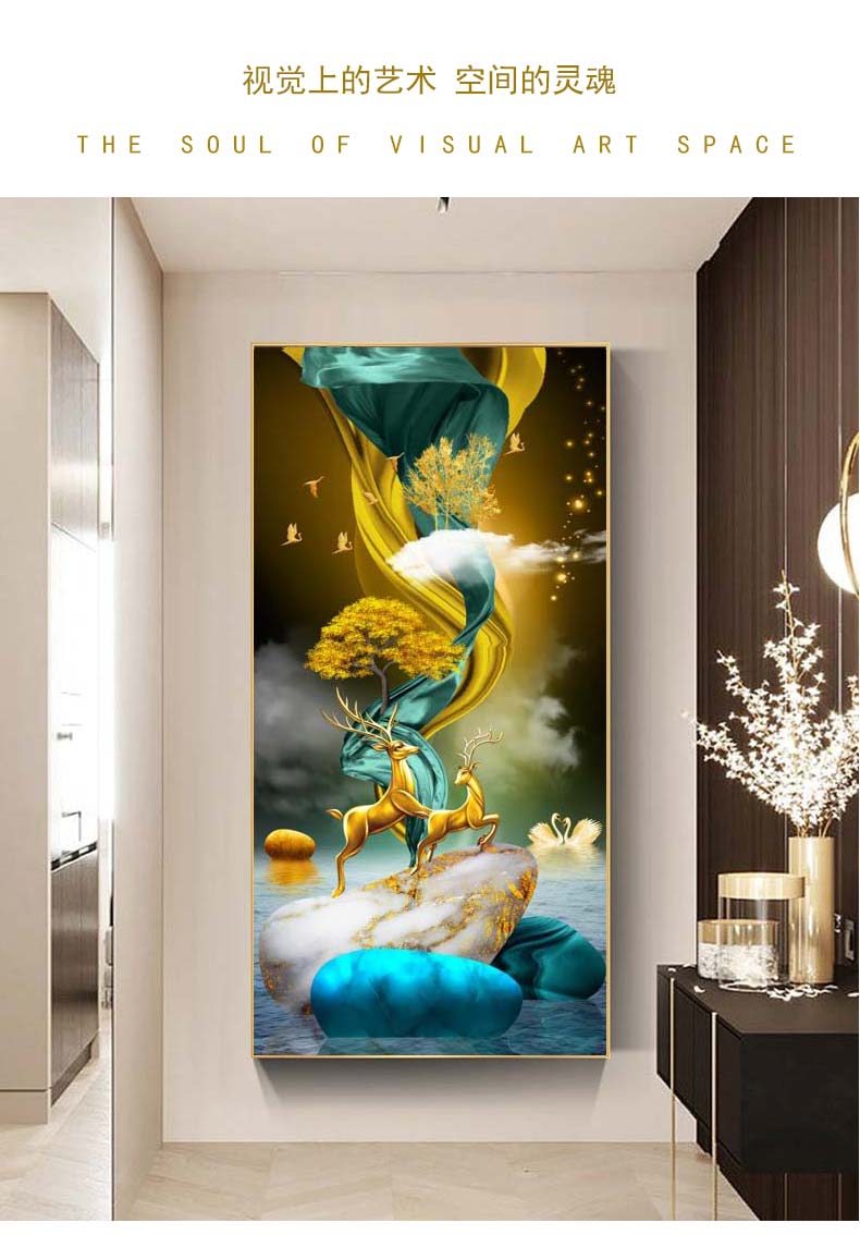 一喜绣玄关装饰画现代简约轻奢风烤瓷手工立体镶钻走廊过道壁画入户