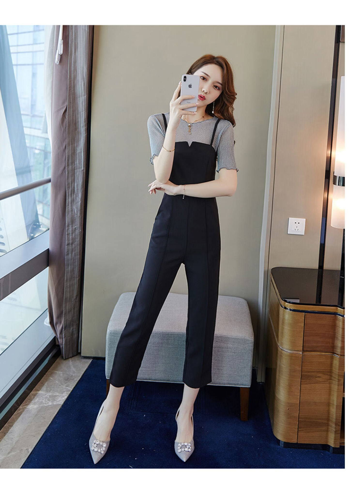 浪莎新品吊带抹胸连体裤高腰修身背带连衣直筒九分裤打底衫两件套装女