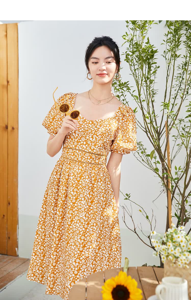 伊芙丽蕾丝棉布绣连衣裙2021年新款夏装裙子碎花复古泡泡袖碎花裙