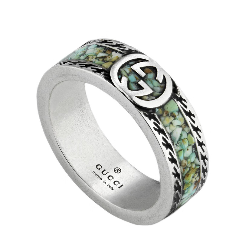 【包税】gucci/古驰 2021春夏新款 925银浅蓝色和灰色珐琅gg图案戒指
