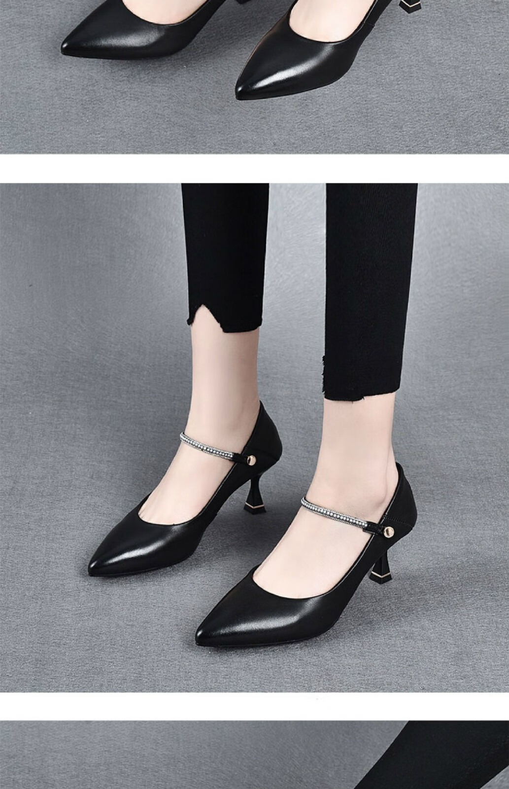 尖头单鞋女浅口2021春季新款头层牛皮细跟中跟舒适百搭时尚真软皮鞋