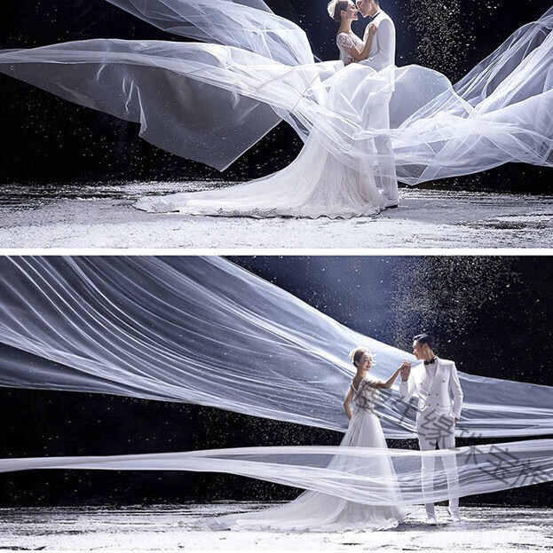 超长韩式飘逸长款拍照头纱10米飘纱摄影道具细纱白纱婚纱道具拖尾