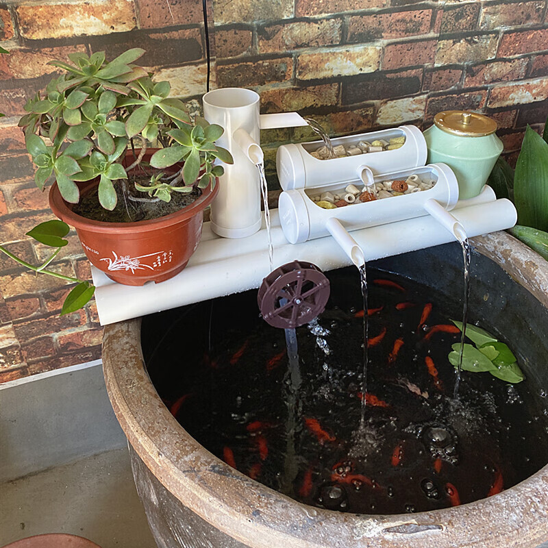 圆形鱼缸过滤器上置石槽瓷盆养鱼水循环陶瓷圆缸金鱼增氧流水 长60cm