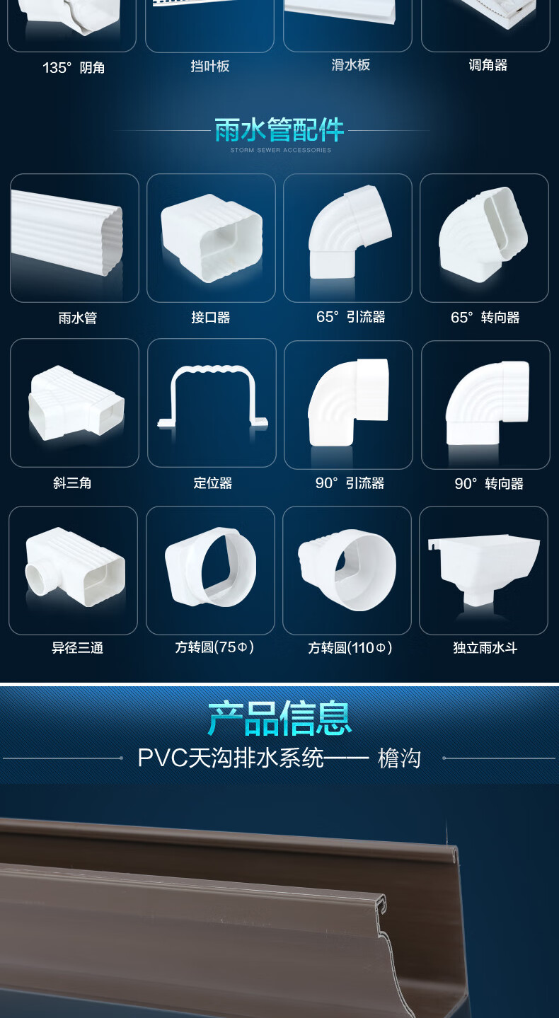 天沟雨水槽pvc管材别墅阳光房塑料管成品檐沟雨水管配件7英寸白色