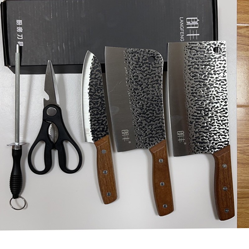 免磨切肉菜斩骨厨师家用厨房刀具5件套装朗丰锻打木柄3件套菜板3件套