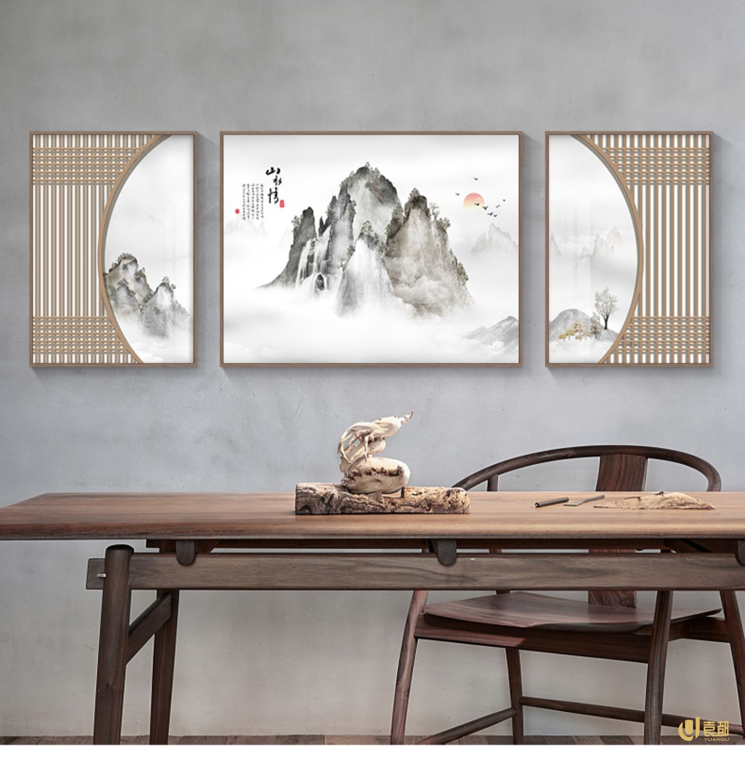 挂画茶室书房水墨山水画中国风h款大套组合左右6080中间11080适用3