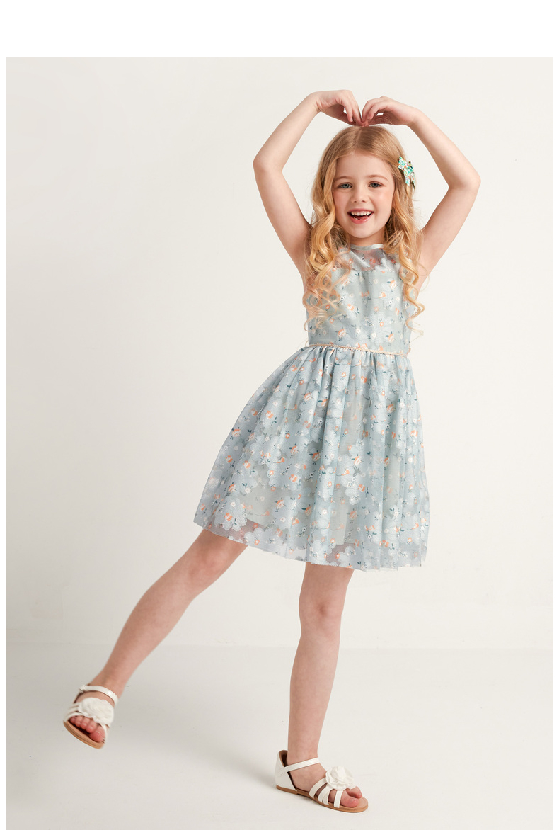 笛莎女童连衣裙2021夏季新款女童洋气时尚甜美花朵蕾丝无袖连衣裙 绿