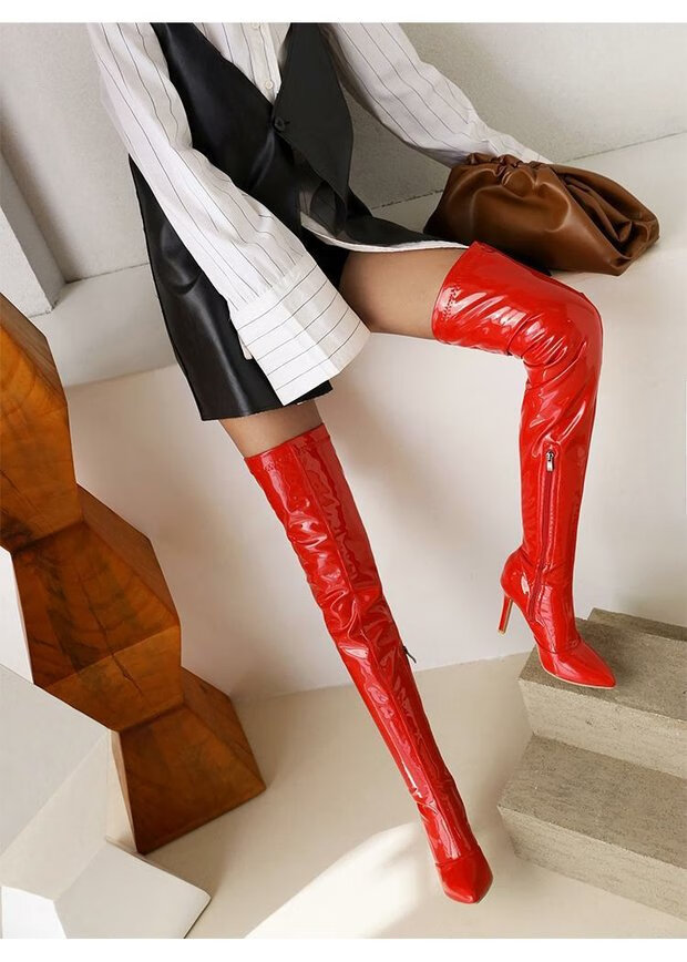 铂朗尼奥 长筒靴女情趣欧美超高跟细跟防水台漆皮过膝钢管舞伪娘靴