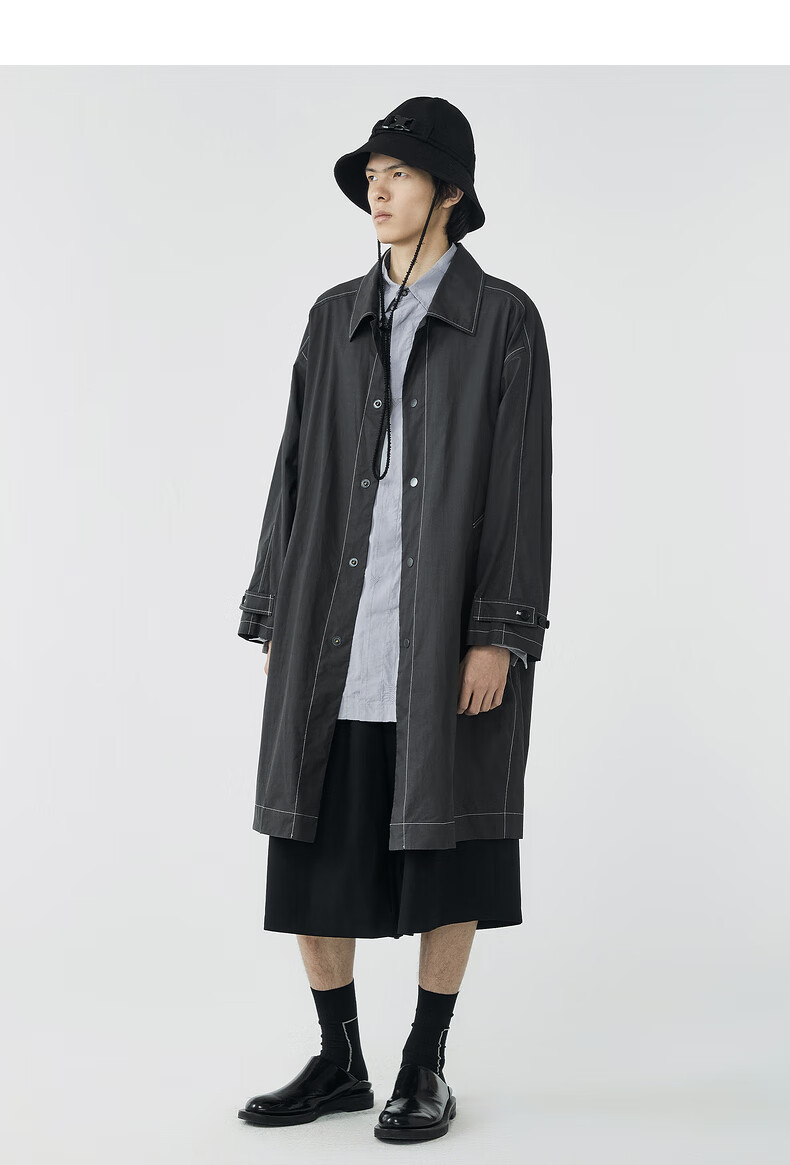 速写男装春新品风衣外套长款时尚文艺简约宽松轻薄舒适外衣056冷灰白m