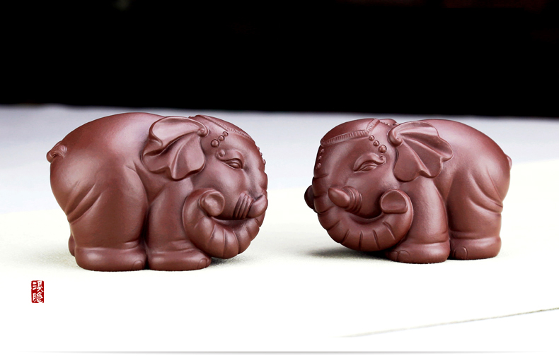 宜兴紫砂茶宠茶玩 吉象如意 名家陈洪军手工对象茶盘摆件一对 吉象