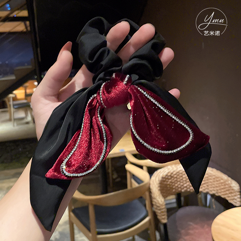 简约基础版黑色大肠发圈时尚百搭肠圈酒红色蝴蝶结水钻皮筋发绳女黑色