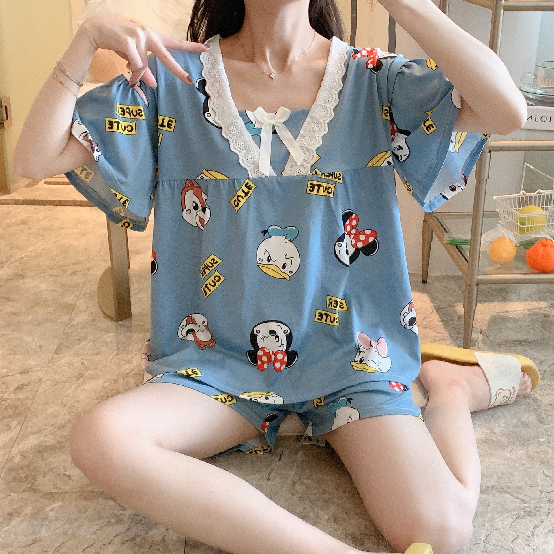 北极绒睡衣女夏季少女牛奶棉公主风短袖短裤家居服两件套 115#唐.老.