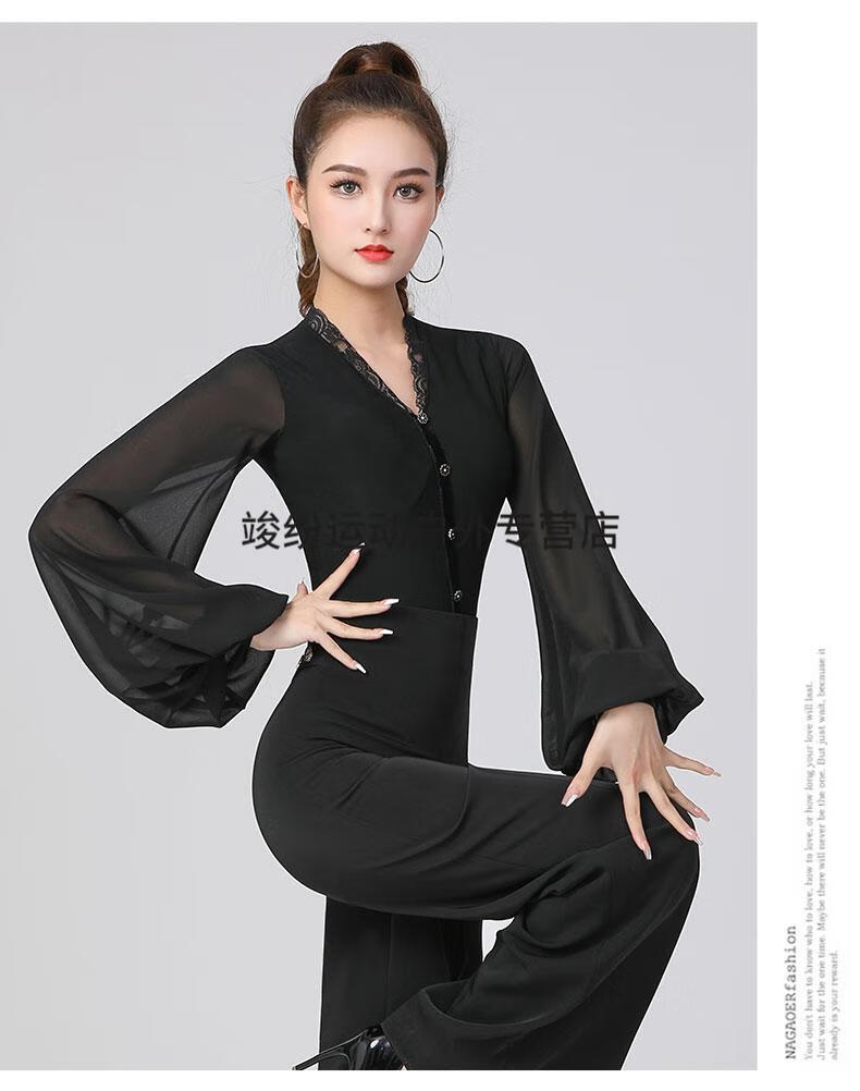 2022新款交谊舞小衫广场舞上衣女v领灯笼袖连体国标衣服华尔兹摩登舞