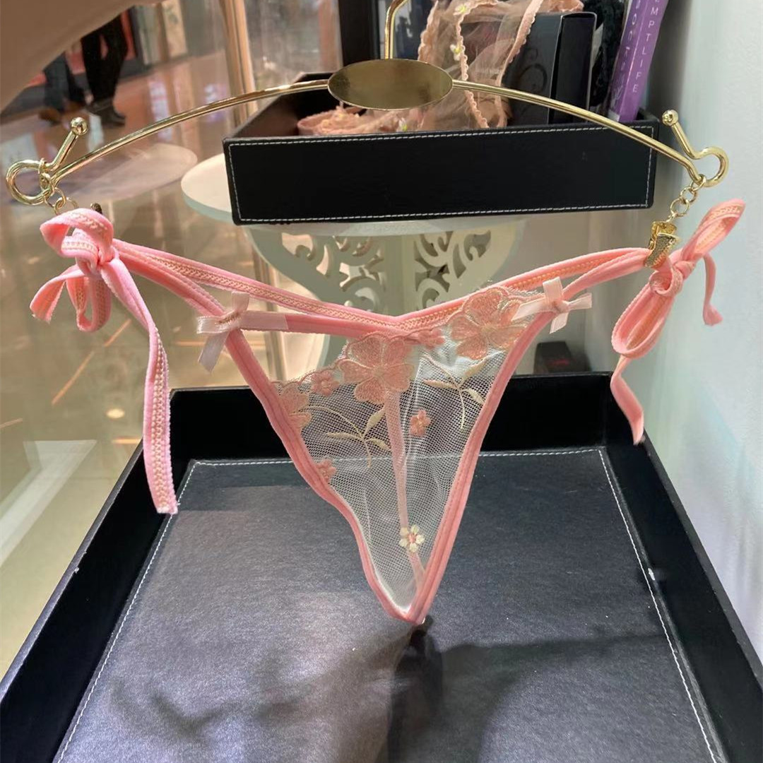 性感透明超薄系带丁字裤诱惑蕾丝低腰无裆t裤女内裤 浅粉色 均码