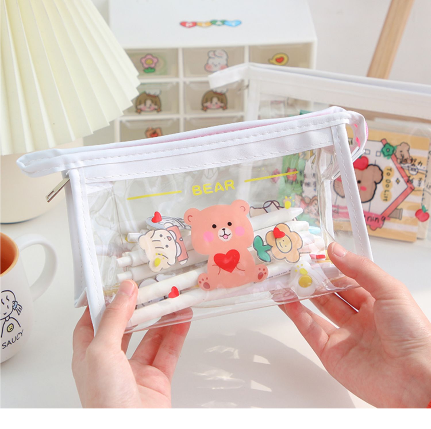 可爱透明笔袋日系pvc手账大容量女孩文具盒学生手帐多功能收纳包混搭