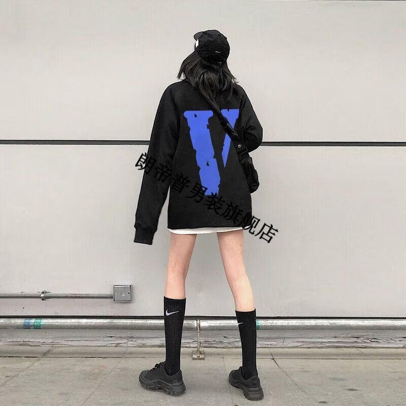 vlone王一博同款3m反光大v连帽卫衣男女高街嘻哈宽松情侣黑 连帽黑绿