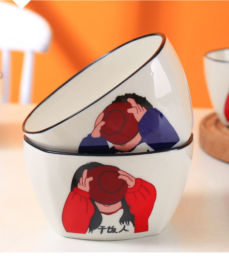 干饭人碗瓷碗勺情侣学生日式卡通网红可爱少女心陶瓷碗勺筷家用 干饭