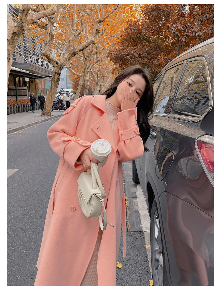 拉夏贝尔毛呢大衣女专柜橘粉色双面羊绒大衣女中长款2021年新款高端