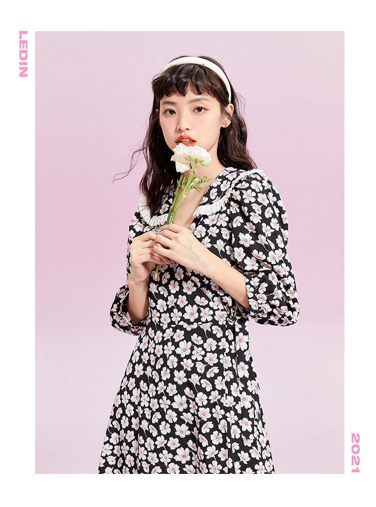 【新品】乐町花边领连衣裙2021夏季新款黑白碎花泡泡袖茶歇裙 中性