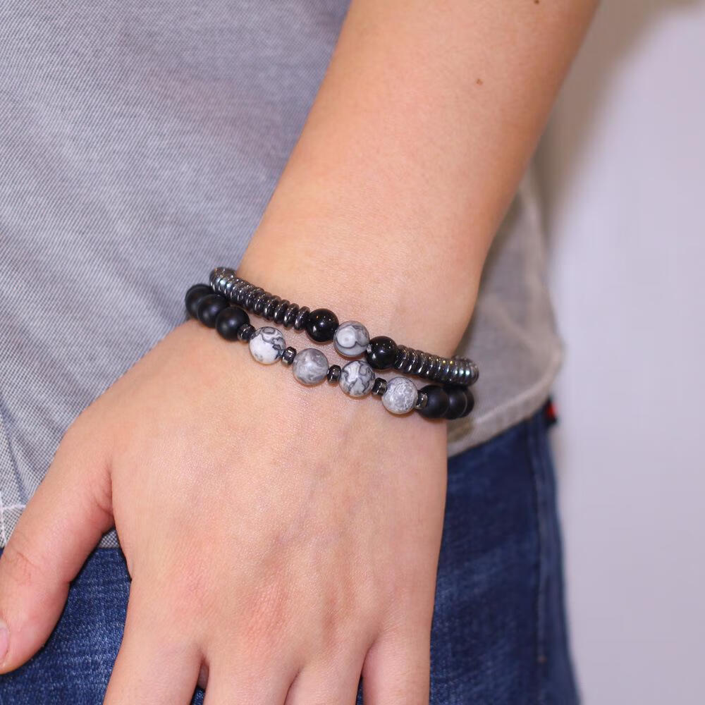 2020新款男士酷尚手链 简约黑石地图石磨砂石组合串珠男手链 黑胆石