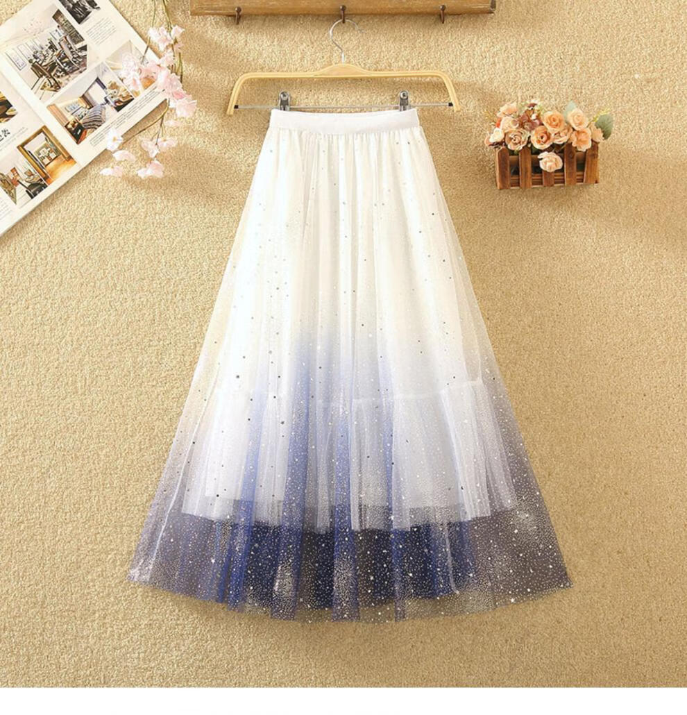 渐变色星星亮片网纱半身裙女新款中长款裙子拼接星空闪闪纱裙2021