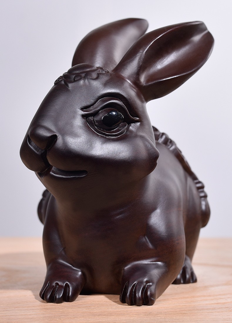 初心如雪黑檀木实木雕刻兔子一对摆件动物木头兔整木家居客厅礼品工艺