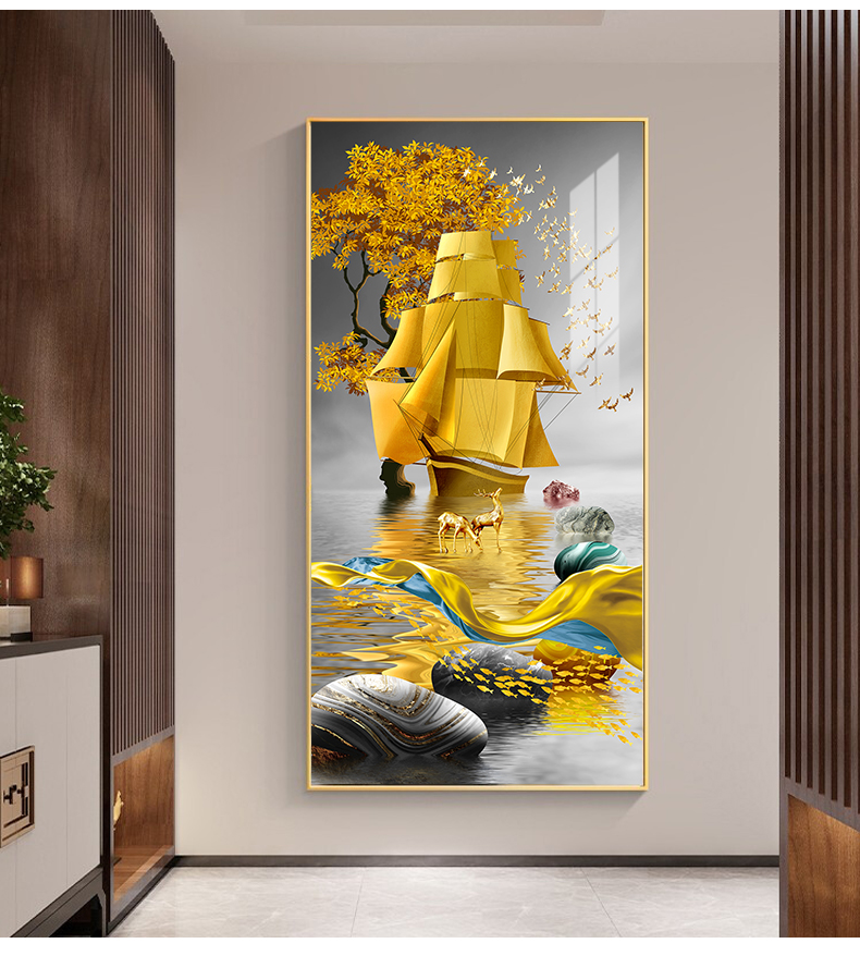 鲸派玄关装饰画一帆风顺轻奢晶瓷画客厅入户背景墙画过道走廊正对门