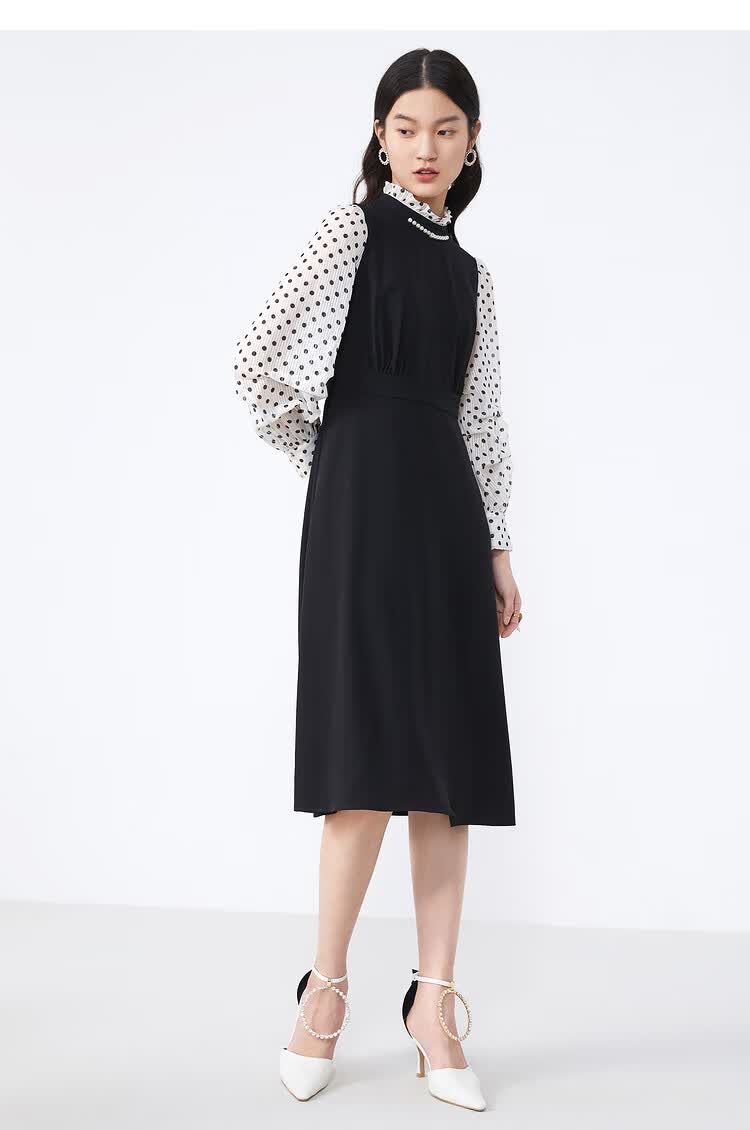 yiner音儿女装2021春季新款时尚气质通勤圆领长袖连衣裙 黑色 36
