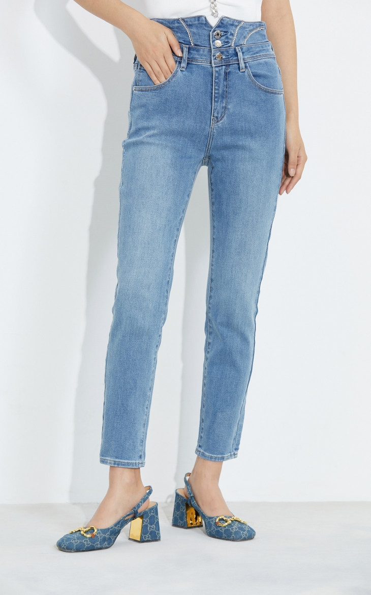 only春季新款高腰百搭减龄紧身气质九分牛仔裤女121349046j08浅牛仔灰