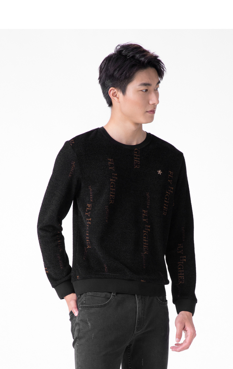 利郎男装 卫衣男修身版字母提花圆领2021秋季新款青年时尚长袖t恤 咖