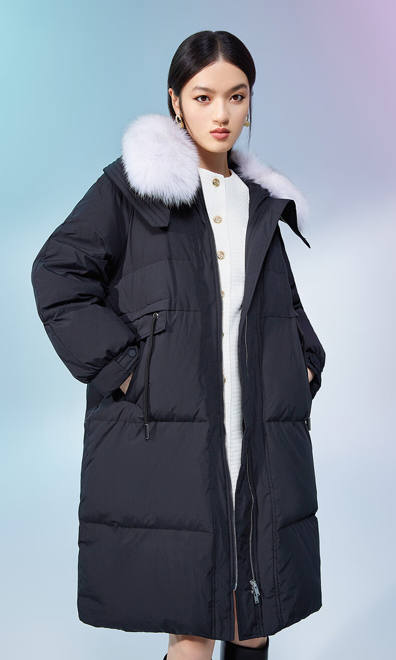 ochirly欧时力长款羽绒服女2022新款秋冬可拆狐狸毛领保暖大衣 黑色 m