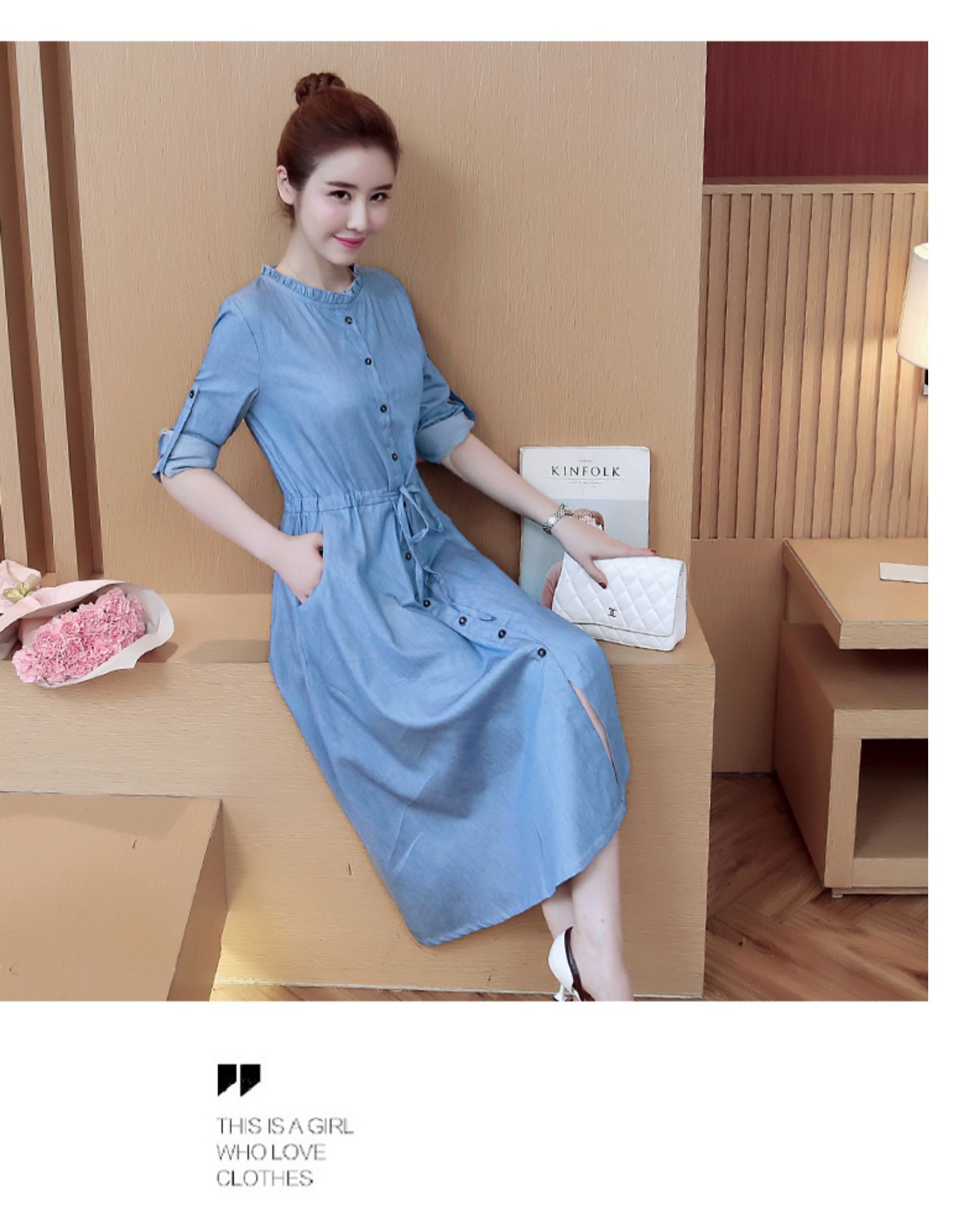 雅鹿女装新品21年春秋新款女装韩版时尚显瘦高腰中长款牛仔连衣裙女