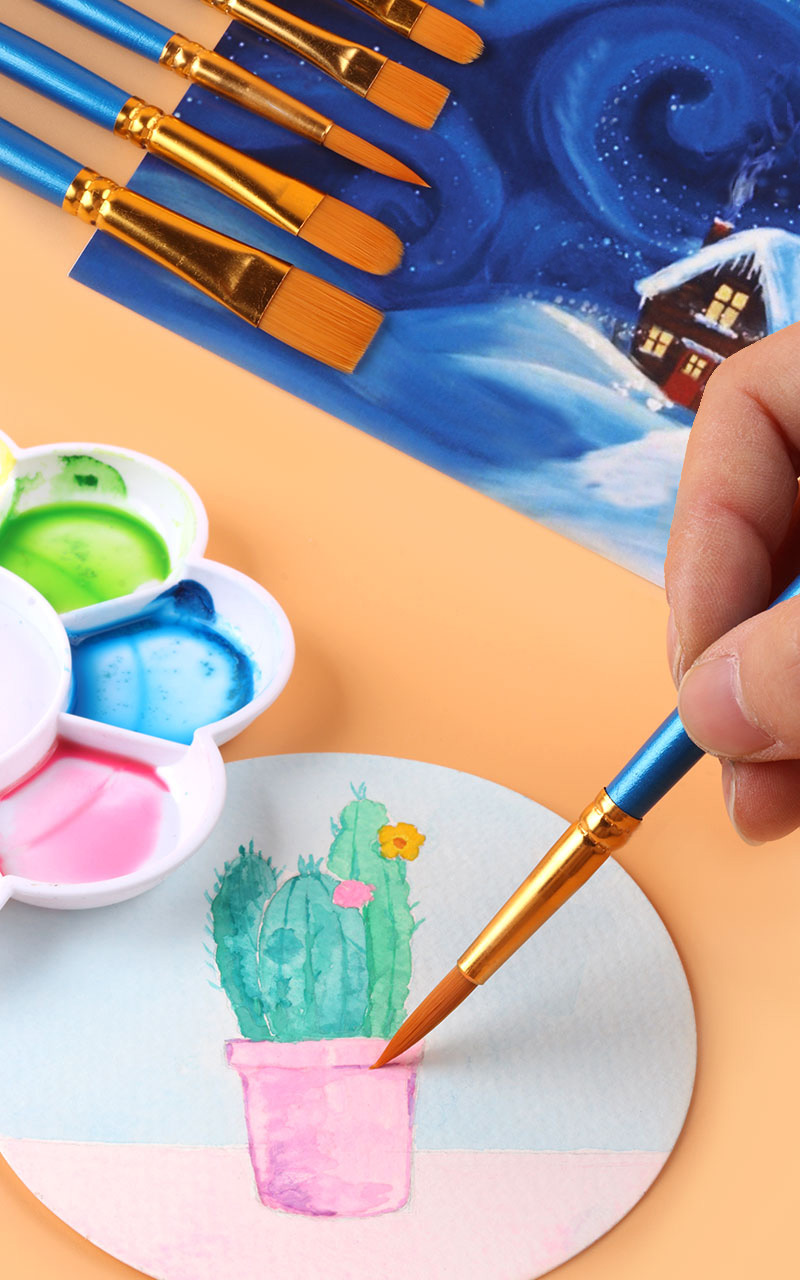 10支装蓝色杆尼龙毛水粉水彩油画笔套装美术学生笔刷 丙烯颜料美术