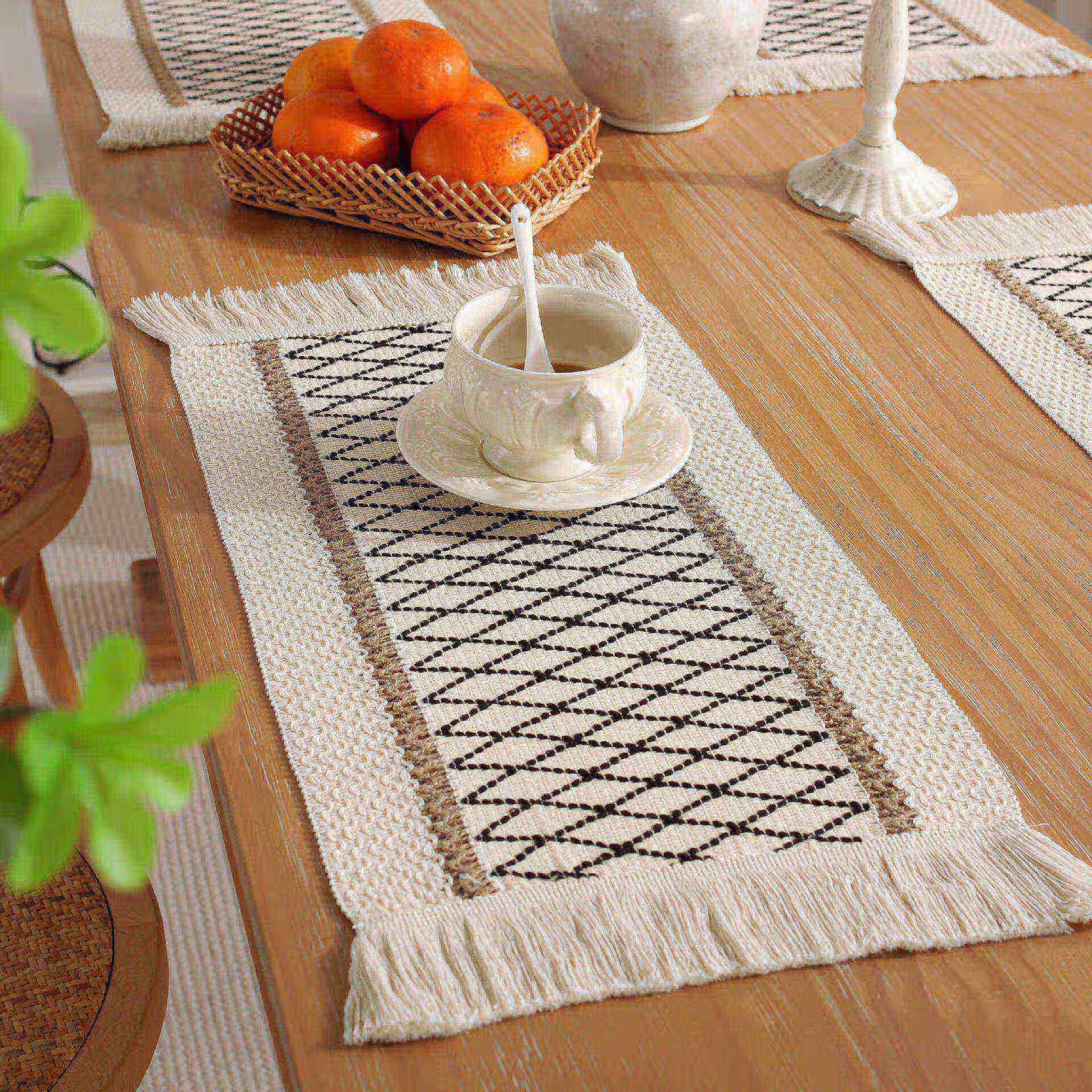 益蔻 桌旗美式波西米亚粗麻编织棉麻流苏黄麻餐桌垫 黄网格麻绳桌旗